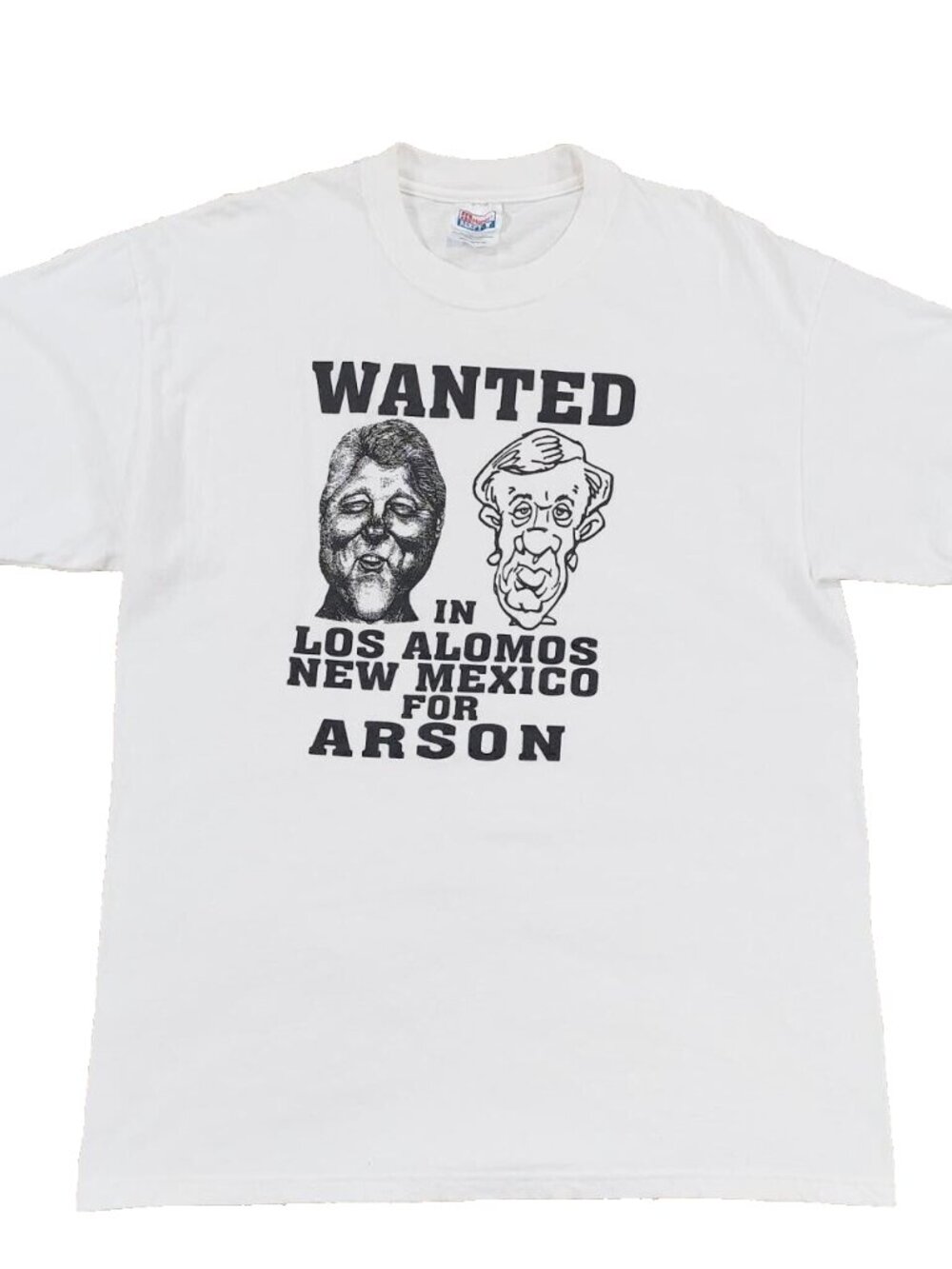Vtg Bill Clinton Conspiracy Theory Political Comic T-Shirt Los Alamos Fire Sz L